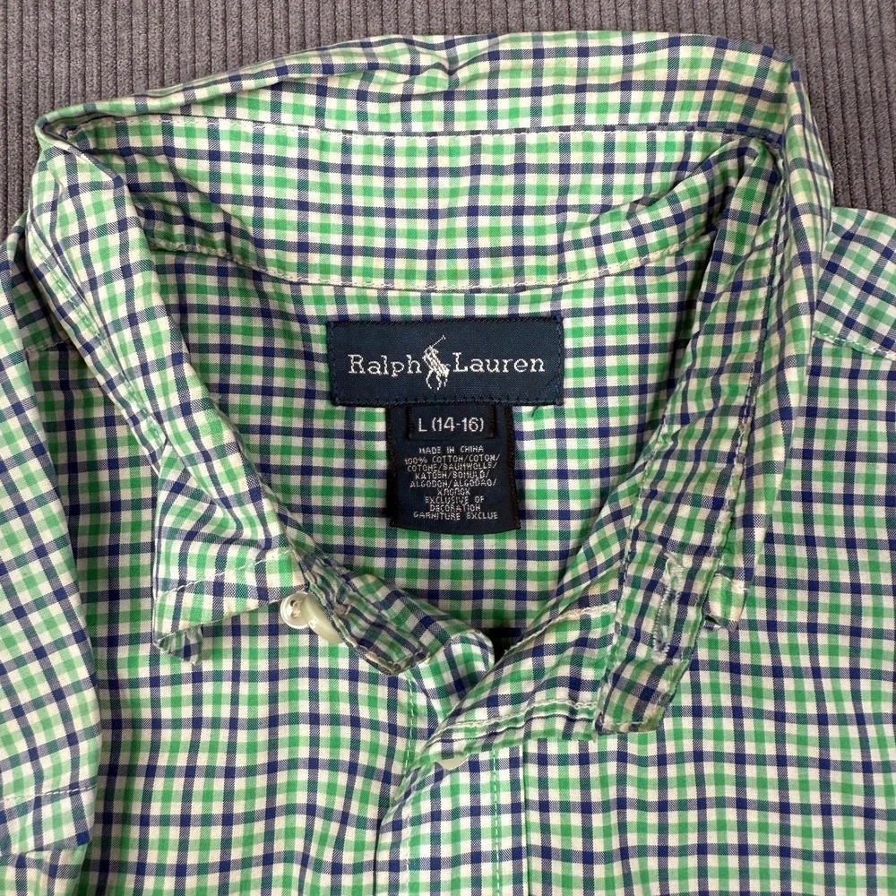 Ralph Lauren Boys Large 14-16 Gingham Check Button Down Shirt Green Blue‎ Cotton